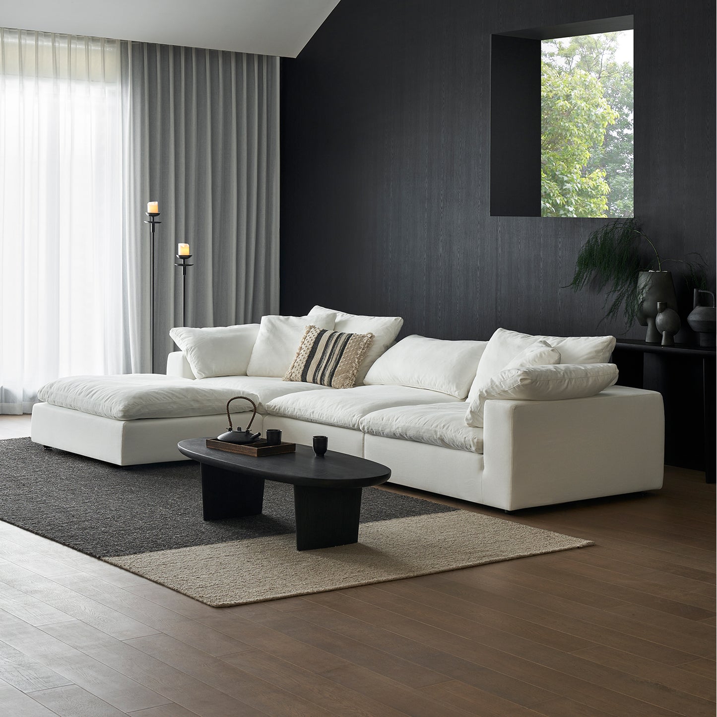 Sectional Fabric Sofa with Ottoman | White