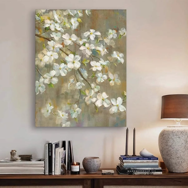 Painting of white blossoms on delicate branches with green leaves, set against a soft, muted earthy background.