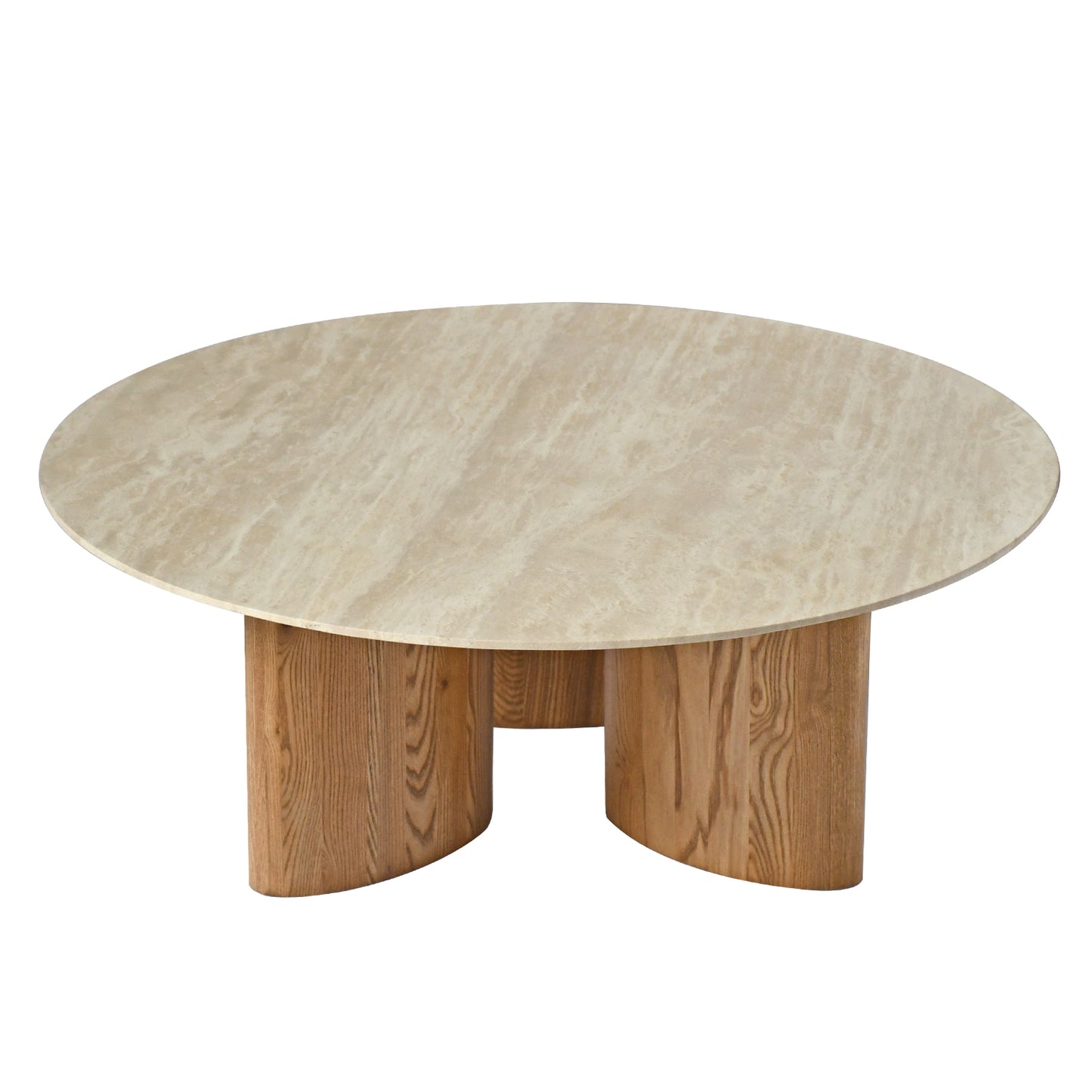 a coffee table with a natural travertine top and wooden base, beige colour