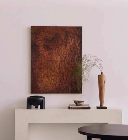 Abstract painting with deep brown tones and textured patterns resembling aged tree bark or natural wood grain.
