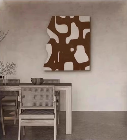 Abstract painting with bold black organic shapes over an off-white background, featuring curved edges and a textured surface.