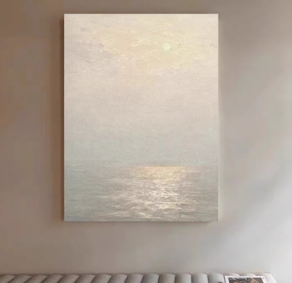 Soft seascape painting with a hazy sky and gentle light reflecting on calm water, creating a serene and tranquil atmosphere.