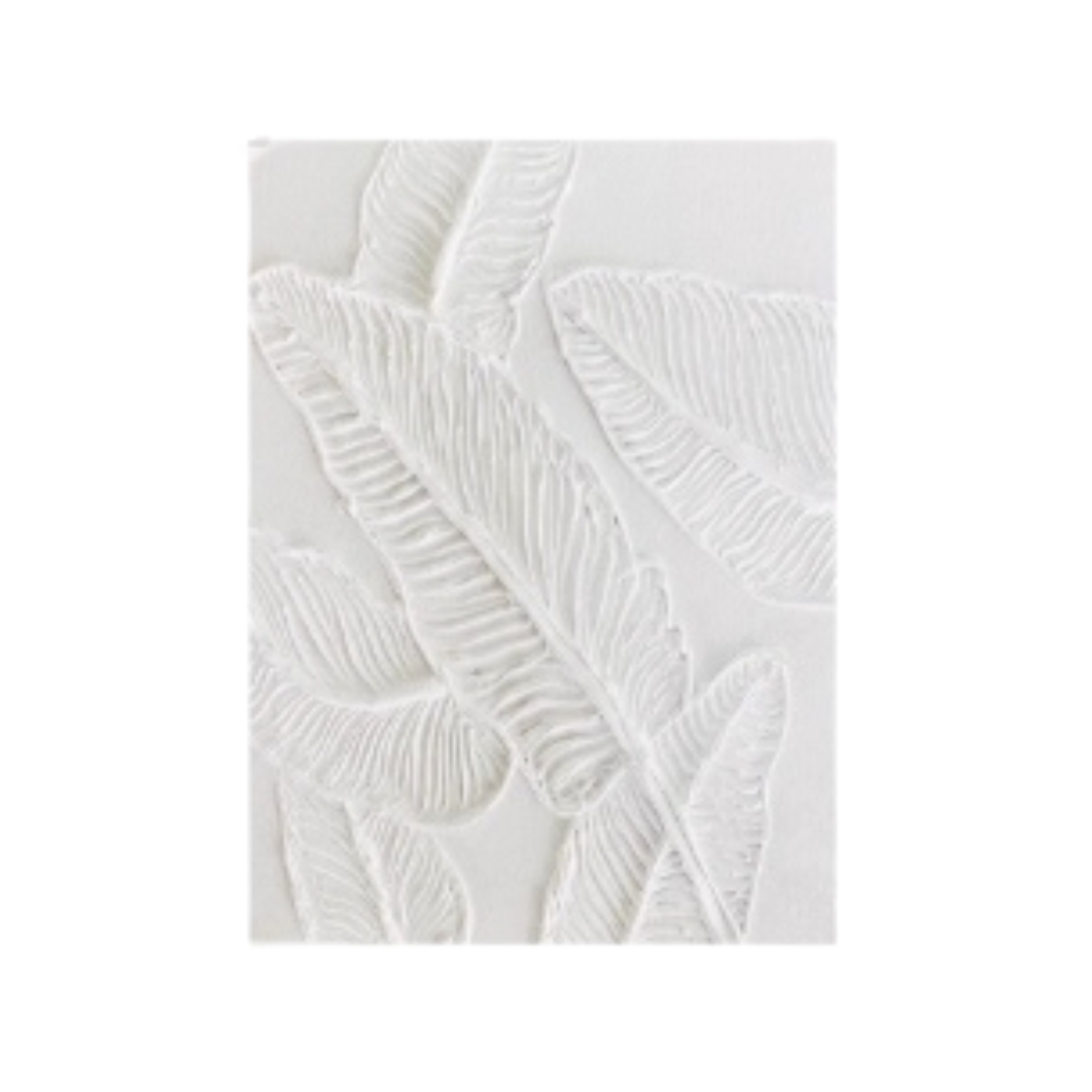 White textured painting with raised tropical leaf patterns, featuring detailed veins and a minimalist design.