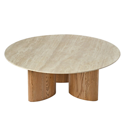 a coffee table with a natural travertine top and wooden base, beige colour