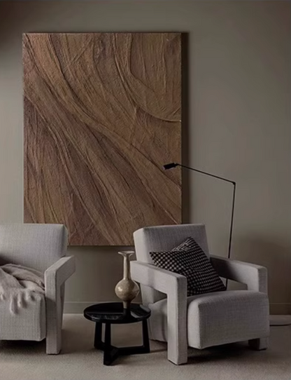 Abstract brown painting with flowing, textured brushstrokes resembling sand or rock layers.