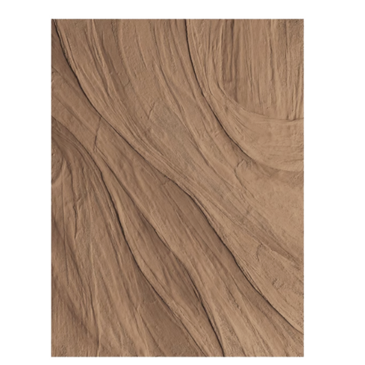 Abstract brown painting with flowing, textured brushstrokes resembling sand or rock layers.