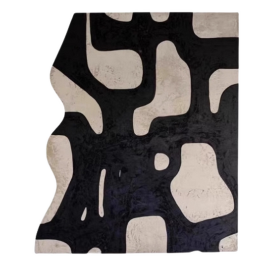 Abstract painting with bold black organic shapes over an off-white background, featuring curved edges and a textured surface.
