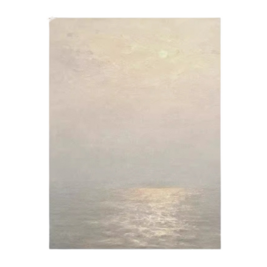 Soft seascape painting with a hazy sky and gentle light reflecting on calm water, creating a serene and tranquil atmosphere.