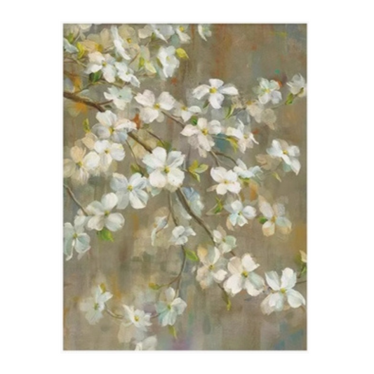 Painting of white blossoms on delicate branches with green leaves, set against a soft, muted earthy background.