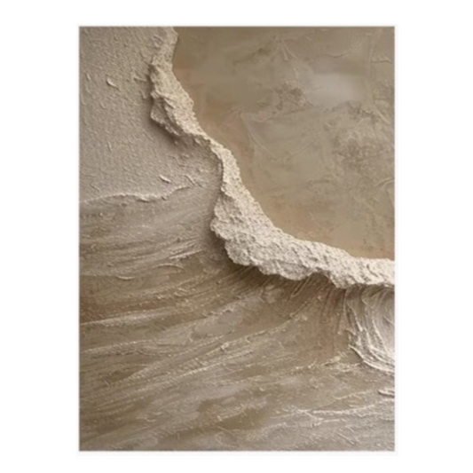 Textured abstract painting in beige tones featuring rough, layered surfaces and flowing patterns resembling a natural cliff or shoreline.